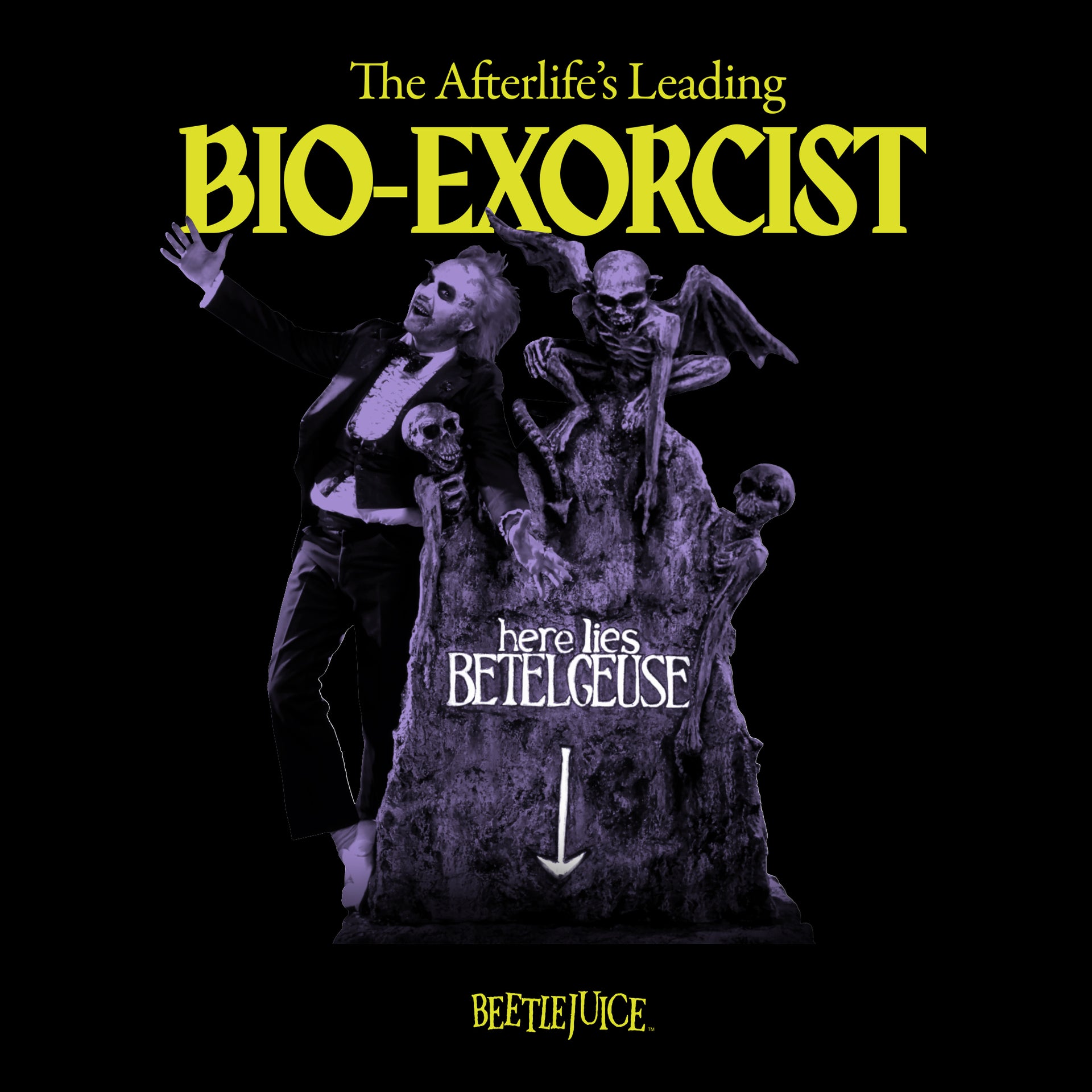 image on shirt: beetlejuice standing next to grave that says here lies betelgeuse. text on shirt: the afterlife's leading bio-exorcist beetlejuice