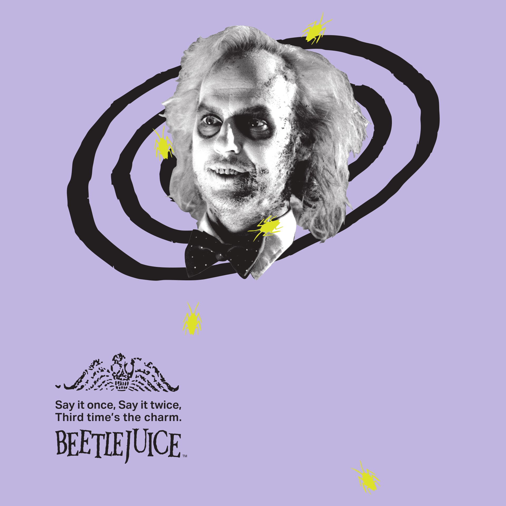 image on shirt: beetlejuice's face inside spiral circle. 5 little bugs. text: say it once, say it twice, third time's the charm. beetlejuice