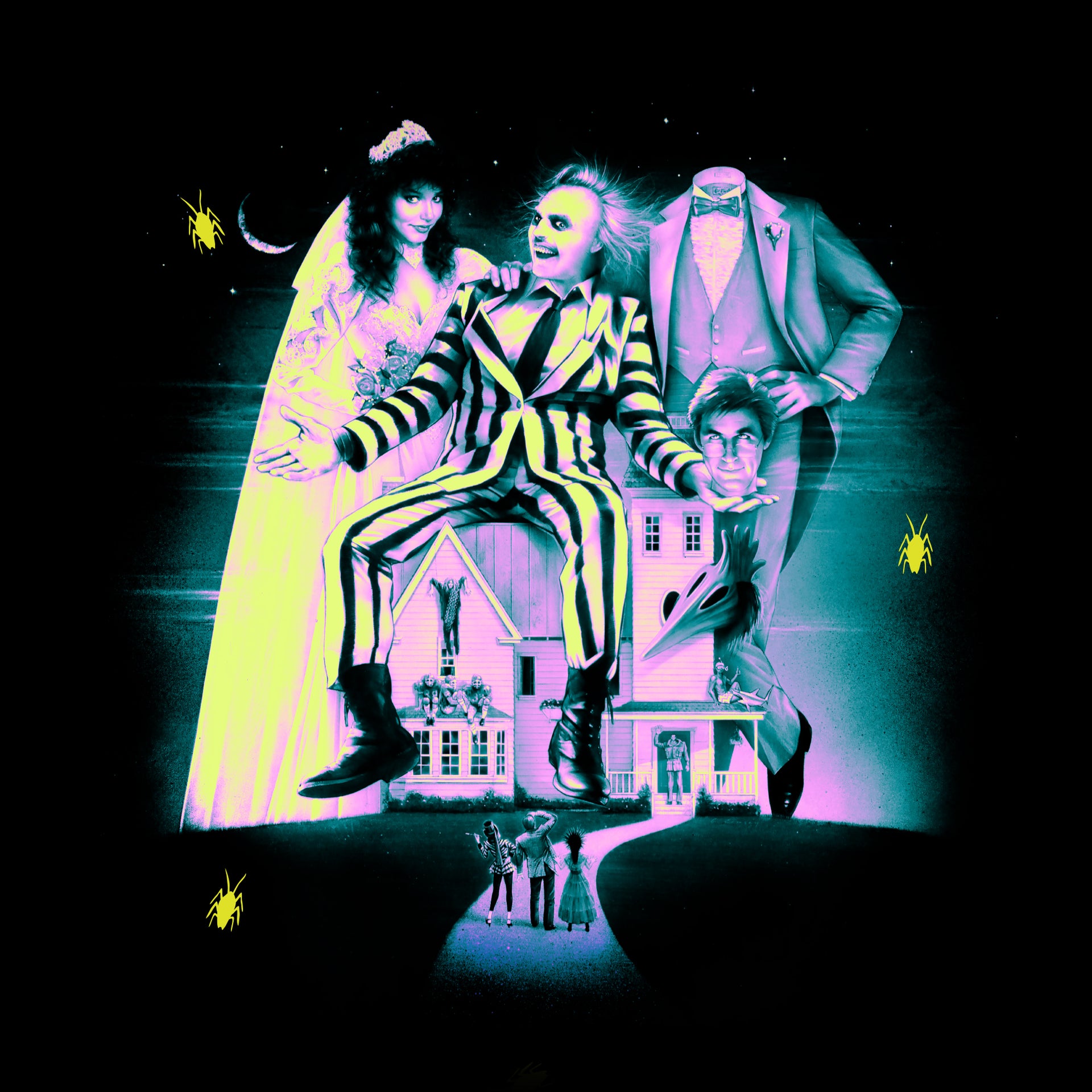image on front of hoodie: beetlejuice with norma and adam. sitting on top of house. little bugs. family looking up at house