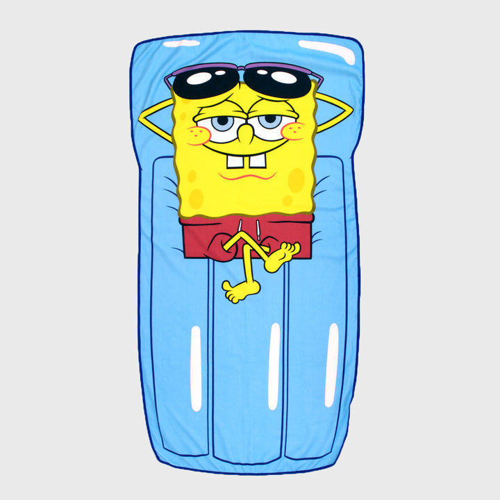 spongebob squarepants beach towel. image: spongebob wearing swimming trunks and sunglasses laying on raft.