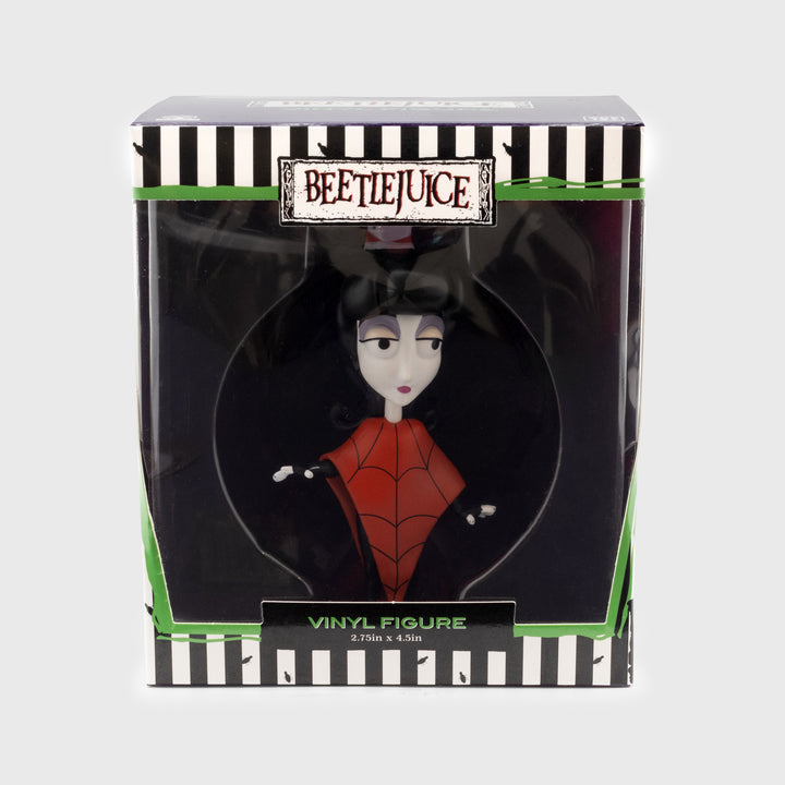 lydia inside packaging. text: beetlejuice vinyl figure 2.75 in x 4.5 in