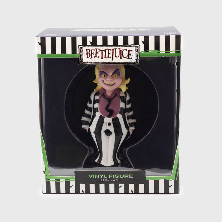 beetlejuice inside packaging. text: beetlejuice vinyl figure 2.75 in x 4.5 in