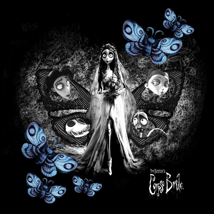 image on shirt: corpse bride wearing wedding gown holding flowers. big moth wings with each character. a man, a woman, skeleton dog, worm. blue moths flying around. text: tim burton's corpse bride