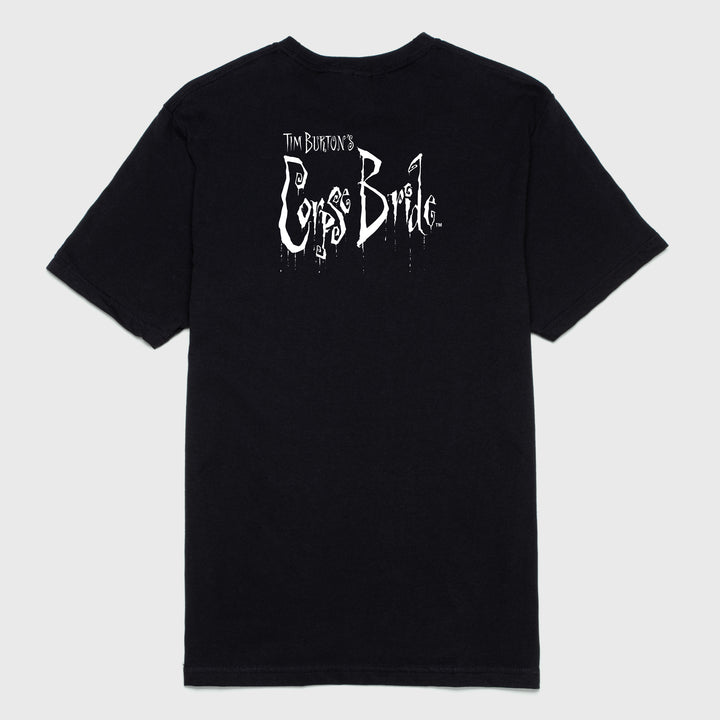 corpse bride black tarot card tshirt back. text: tim burton's corpse bride