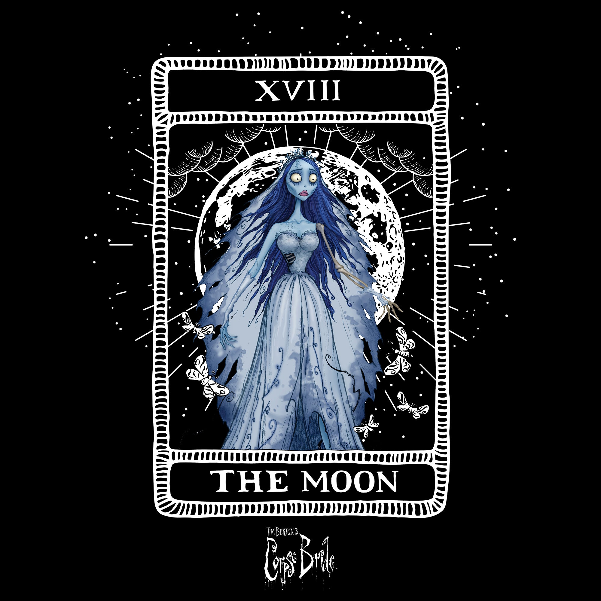 image on front of shirt: tarot card with moon in back of skeleton like bride with moths flying. text: xvIII the moon tim burton's corpse bride.