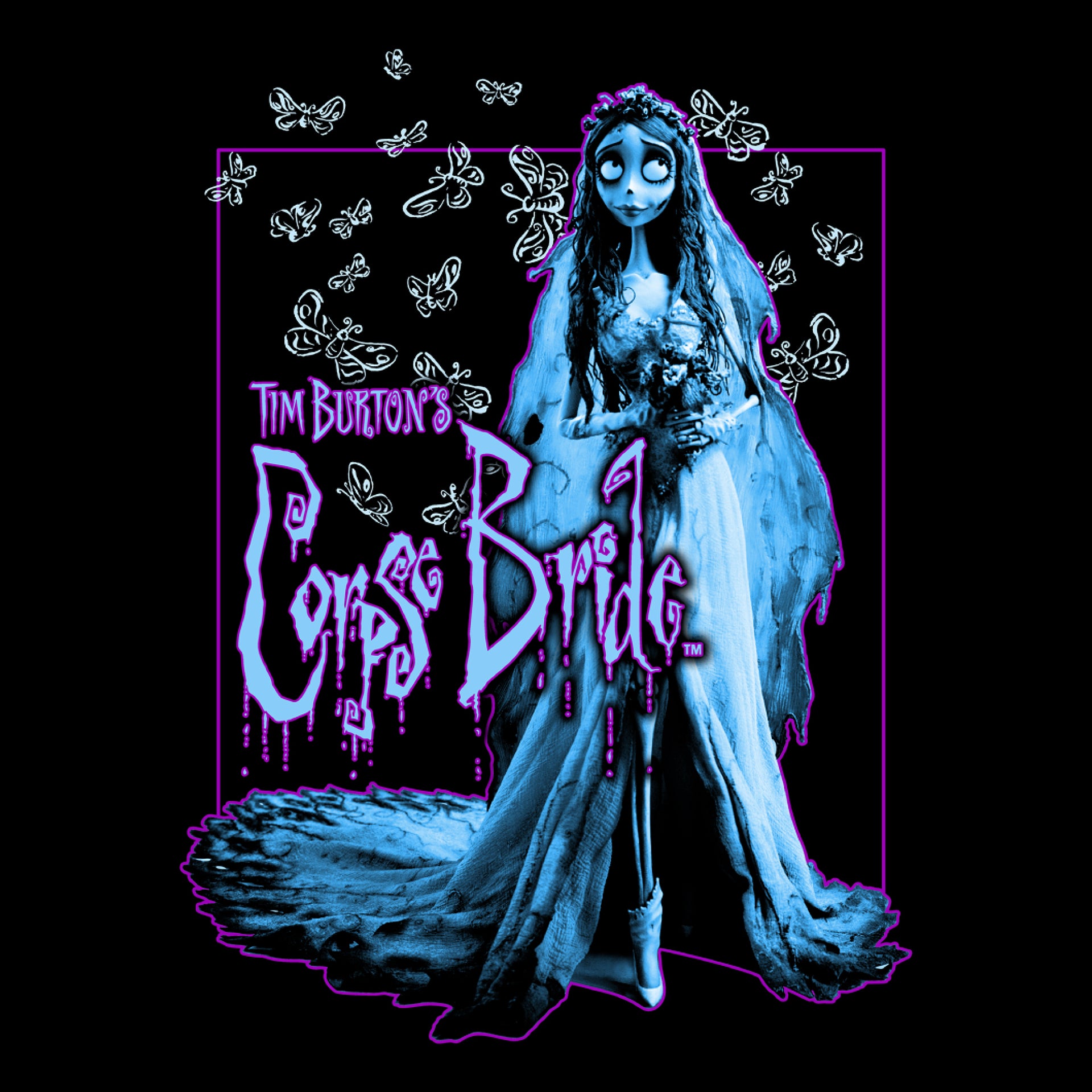 image on shirt: skeleton woman in a bride's gown, moths flying around her. text: tim burton's corpse bride