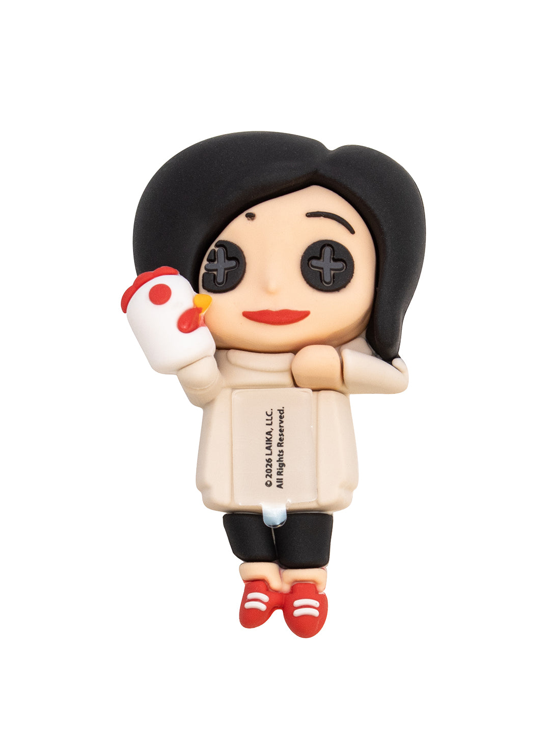 A chibi-style collectible figure of a girl with black hair, a cream coat, black pants, and red shoes, holding a white and red chicken oven mitt. The figure has cross-shaped eyes and is shown against a plain white background.
