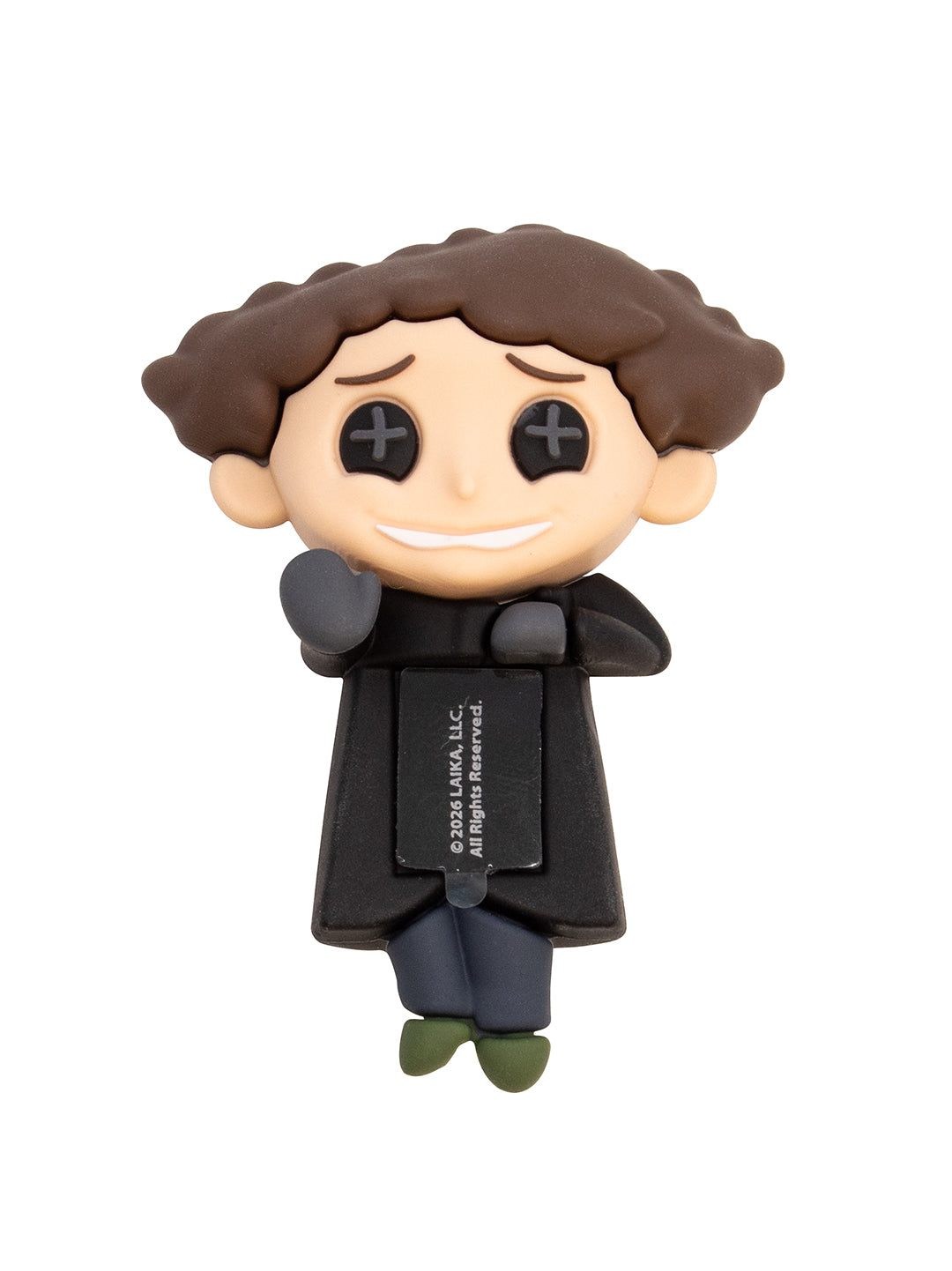 A stylized chibi figurine of a man with brown curly hair, wearing a black trench coat, dark blue pants, and green shoes, shown against a plain white background.