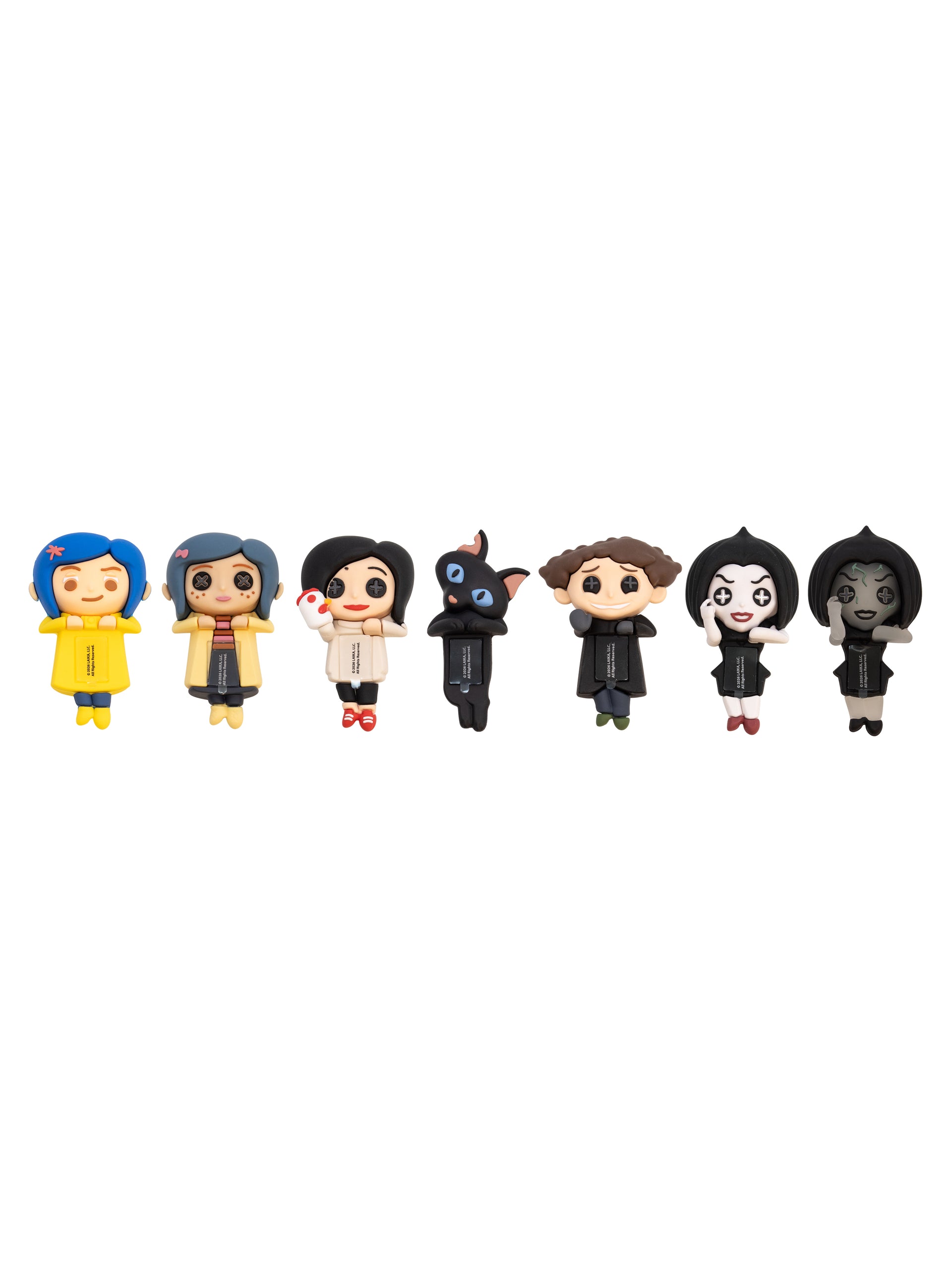 A row of seven small character figurines or collectible toys on a plain white background. The characters have stylized cartoon faces and wear varied clothing in yellow, black, white, brown, and blue.