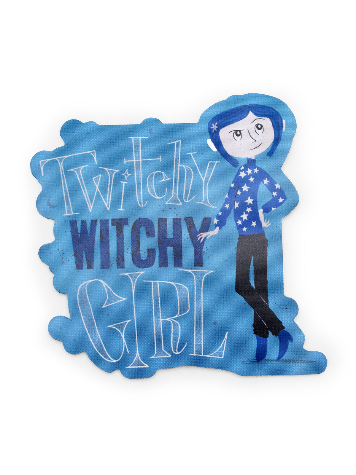 A die-cut decorative sign featuring a cartoon witch girl illustration and the text 'Twitchy WITCHY GIRL' on a light blue background, shown on a plain white backdrop.