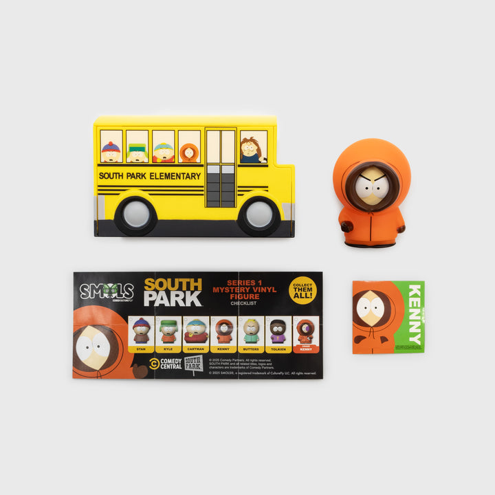south park smols packaging. shows school bus package, figure, checklist, and sticker.