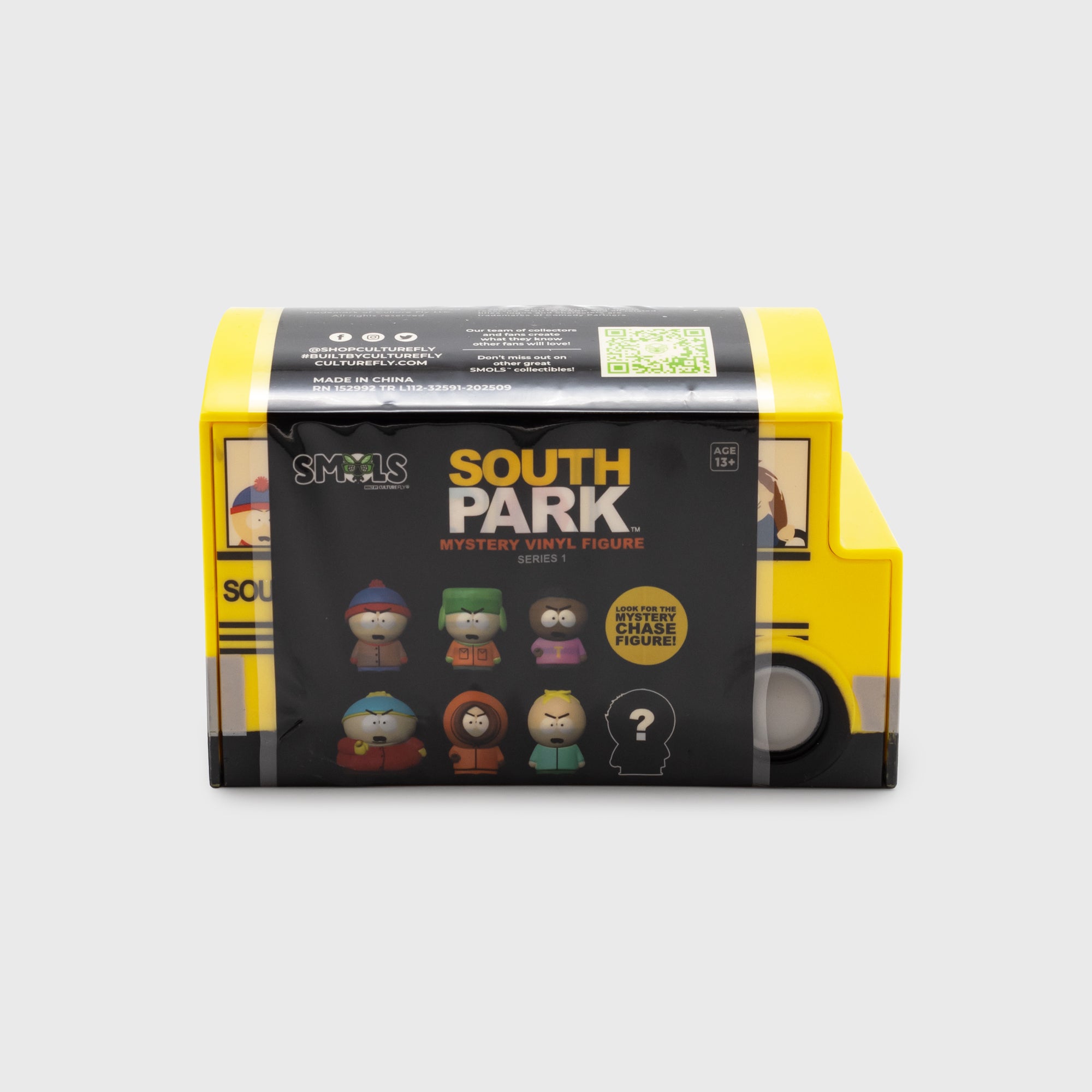 south park smols packaging closed. shows outer wrapping. text: smols south park mystery vinyl figure series 1 look for the mystery chase figure!