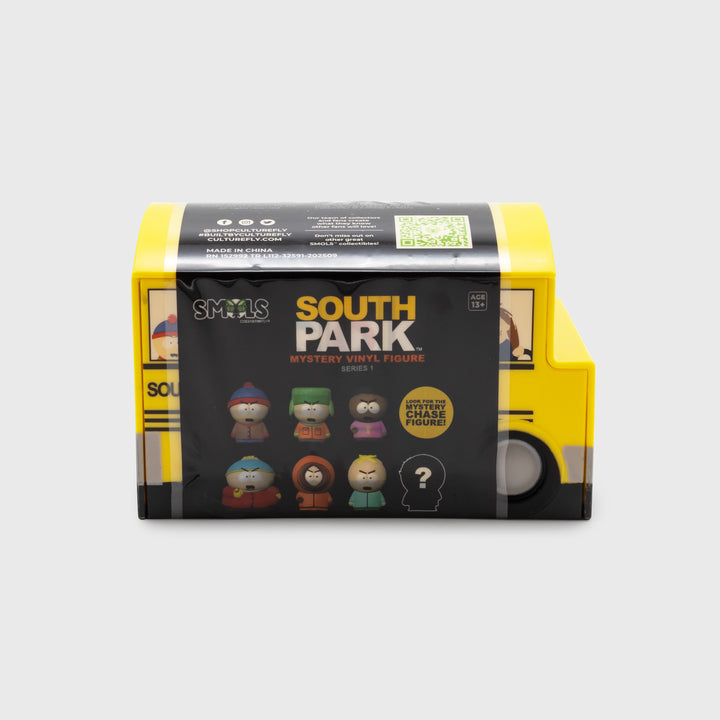 south park smols packaging closed. shows outer wrapping. text: smols south park mystery vinyl figure series 1 look for the mystery chase figure!