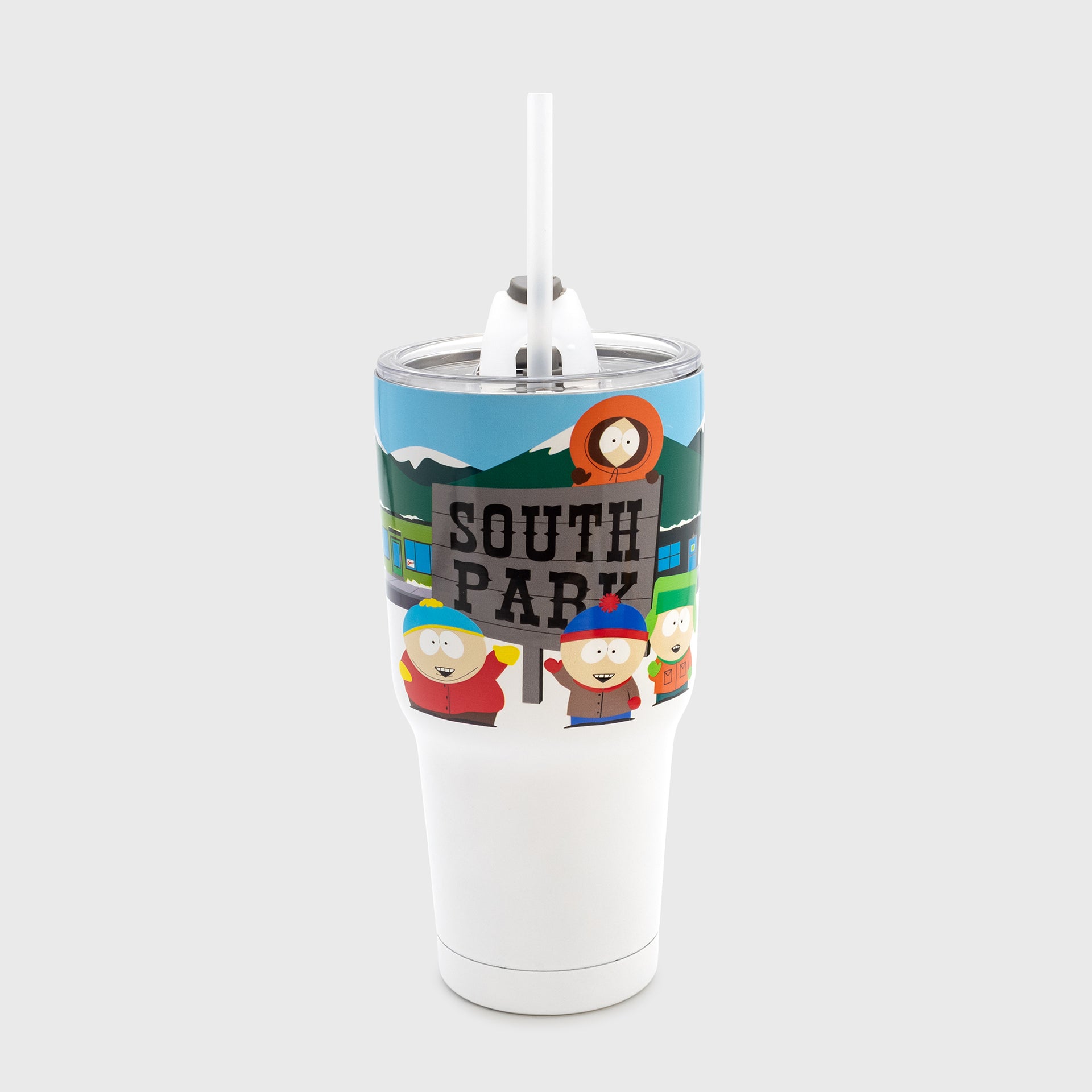 south park tumbler. image on tumbler: all 4 characters around sign. text: south park