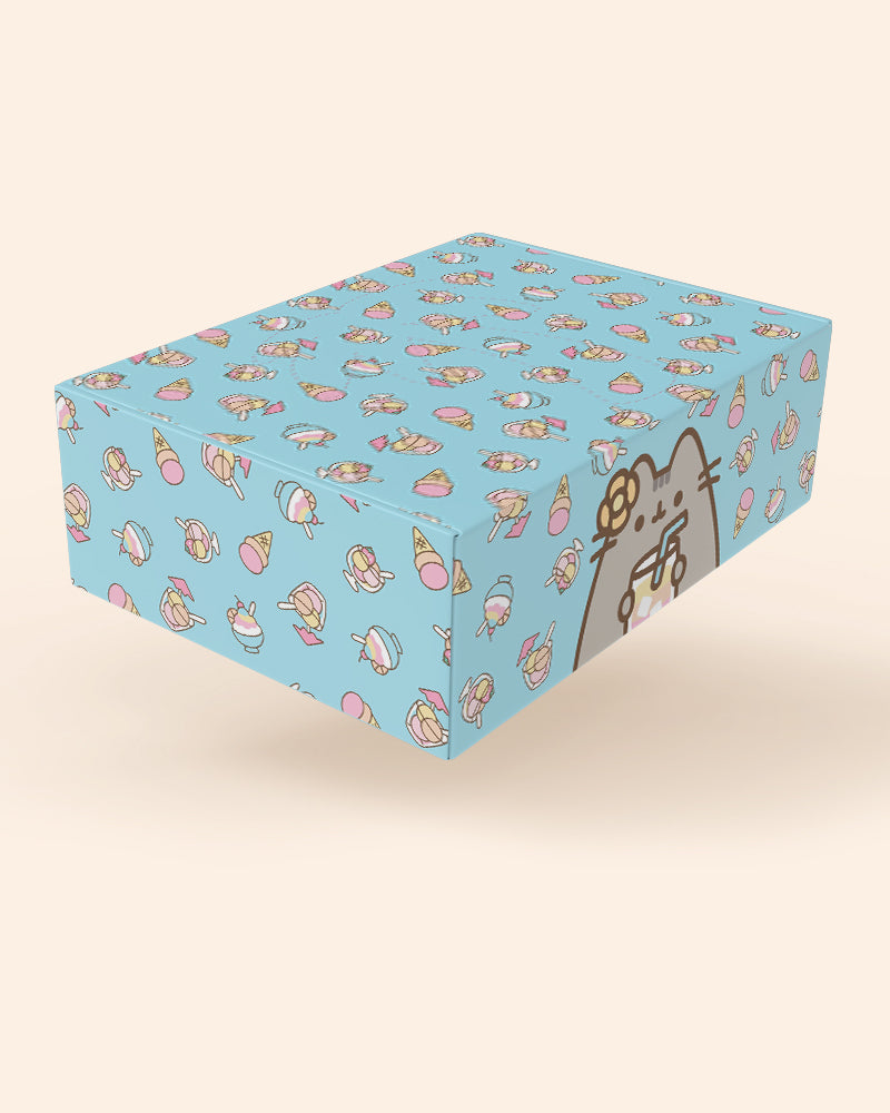 Box with a cartoon character and ice cream pattern on a light blue background