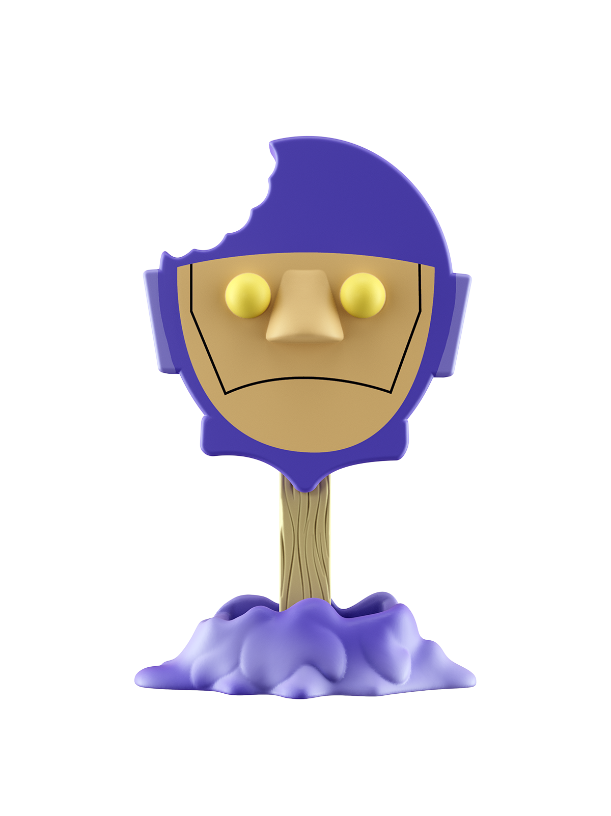 Toy figure with a purple head and beige body on a white background