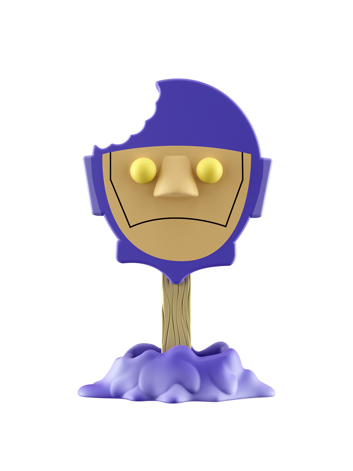 Toy figure with a purple head and beige body on a white background