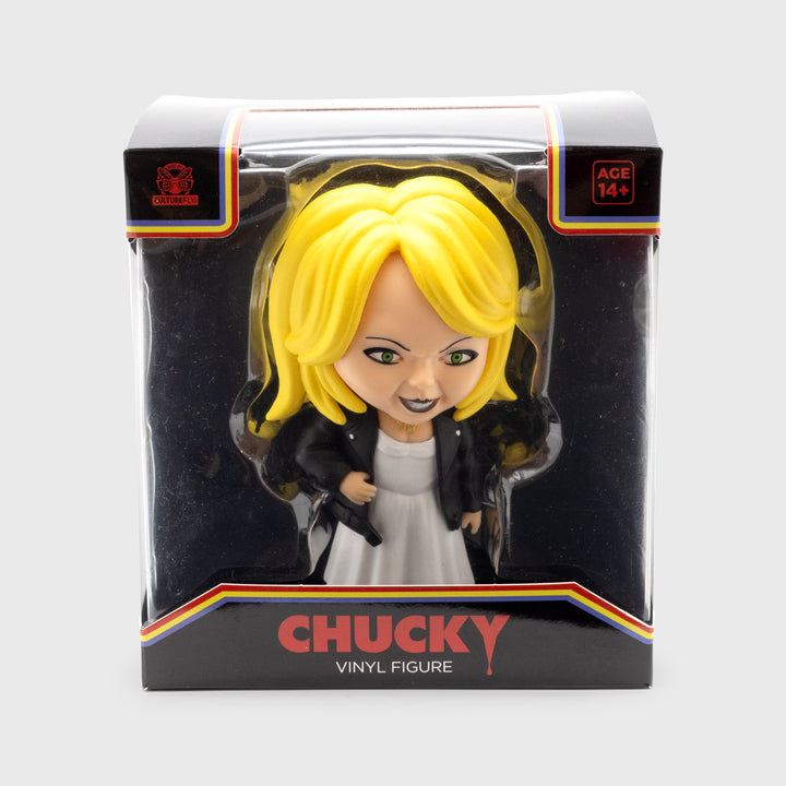 tiffany figure in packaging. text: chucky vinyl figure age 14+ culturefly