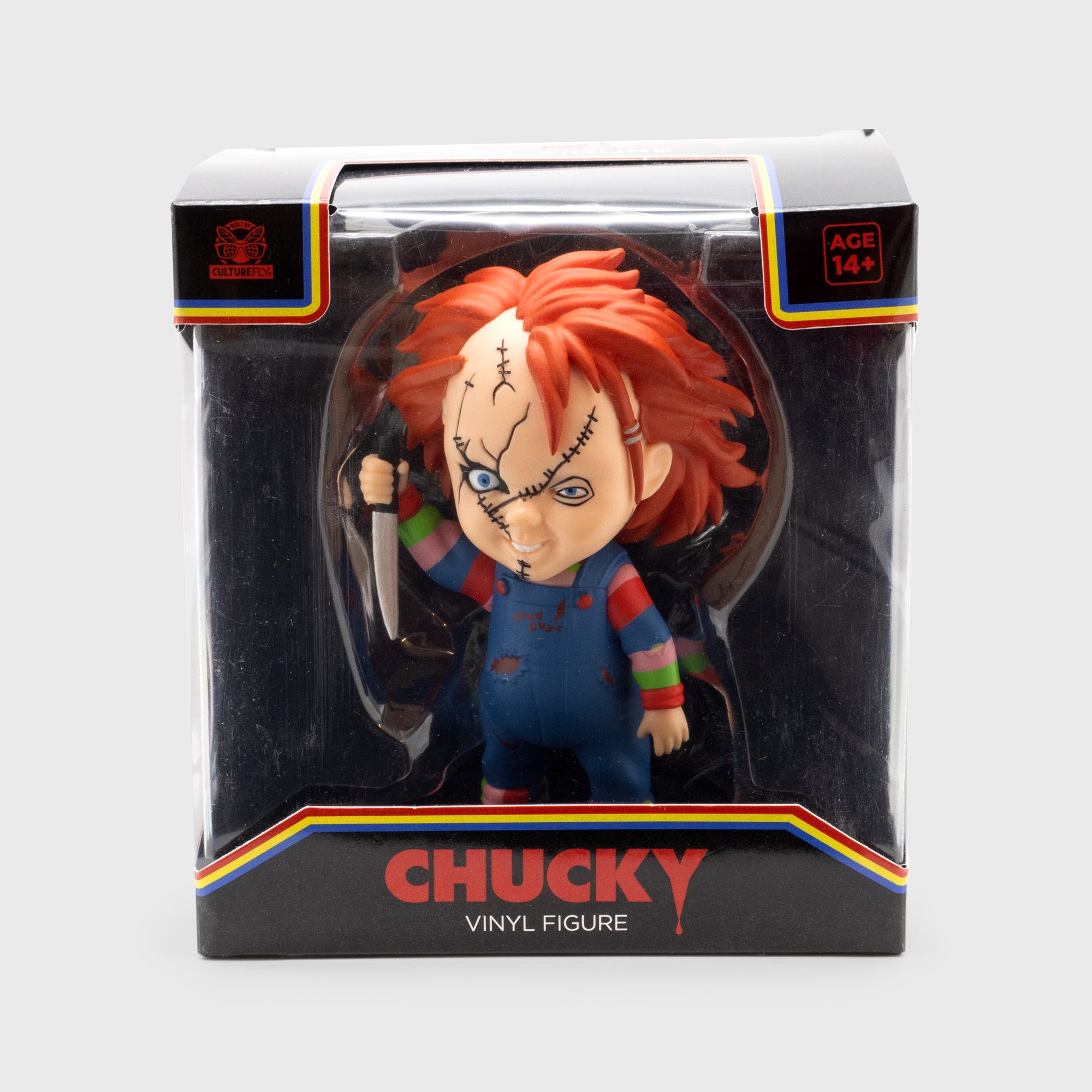 chucky figure in packaging. text: chucky vinyl figure age 14+ culturefly