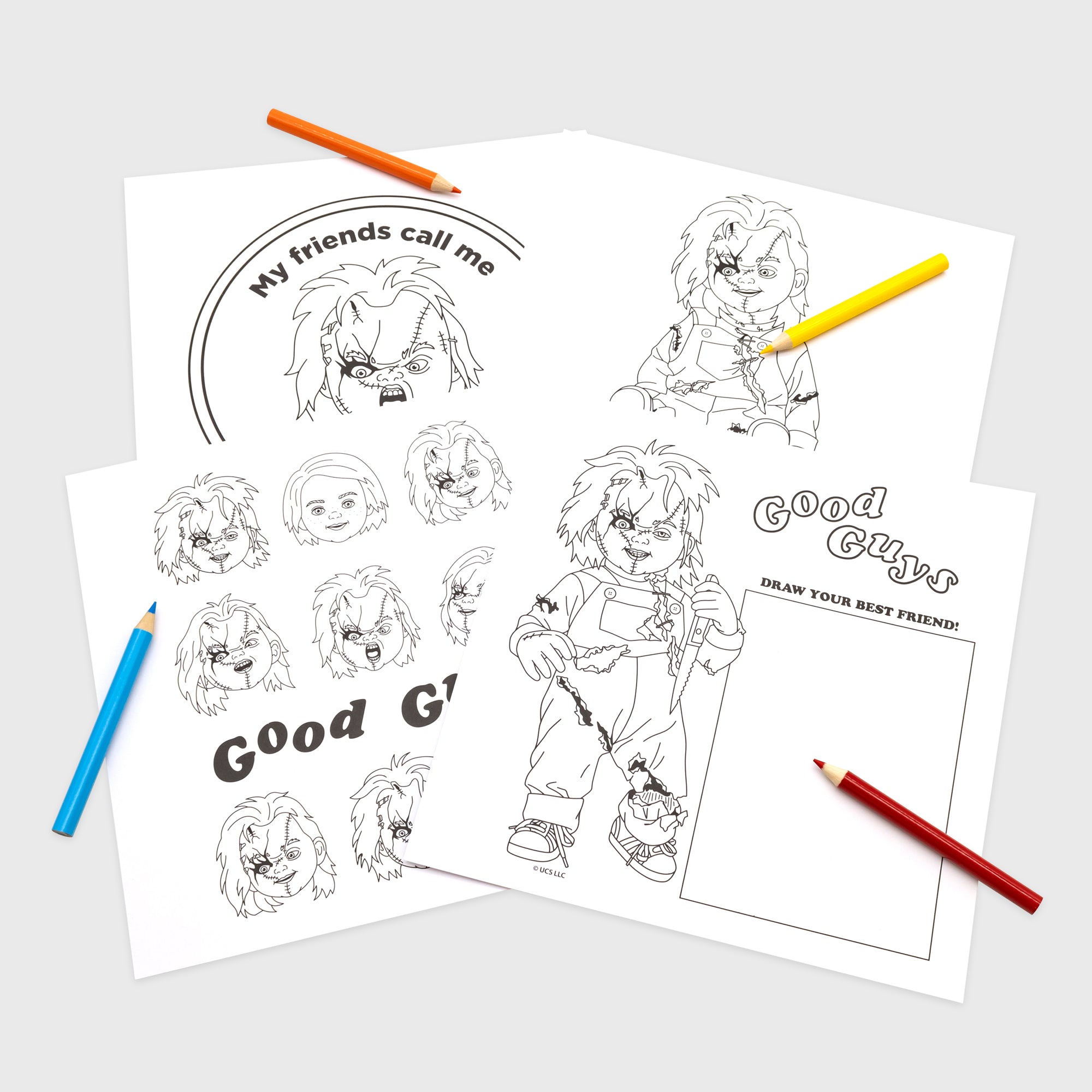 chucky freakie meal coloring pages. 4 coloring pages and 4 crayons. one coloring page of just chucky sitting. one with chucky's head text: my friends call me. one of different faces of chucky. text: good gu. one of chucky with knife. text: good guys draw your best friend!