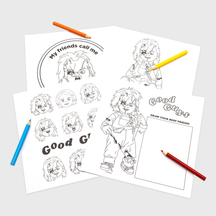 chucky freakie meal coloring pages. 4 coloring pages and 4 crayons. one coloring page of just chucky sitting. one with chucky's head text: my friends call me. one of different faces of chucky. text: good gu. one of chucky with knife. text: good guys draw your best friend!