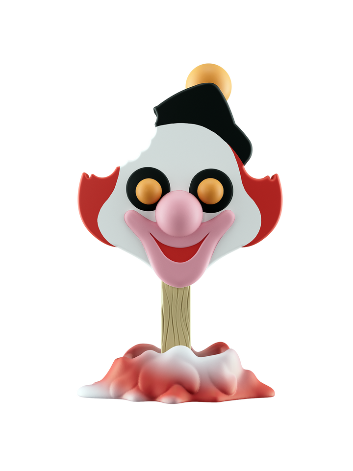 Toy figure of a clown with a top hat on a white background