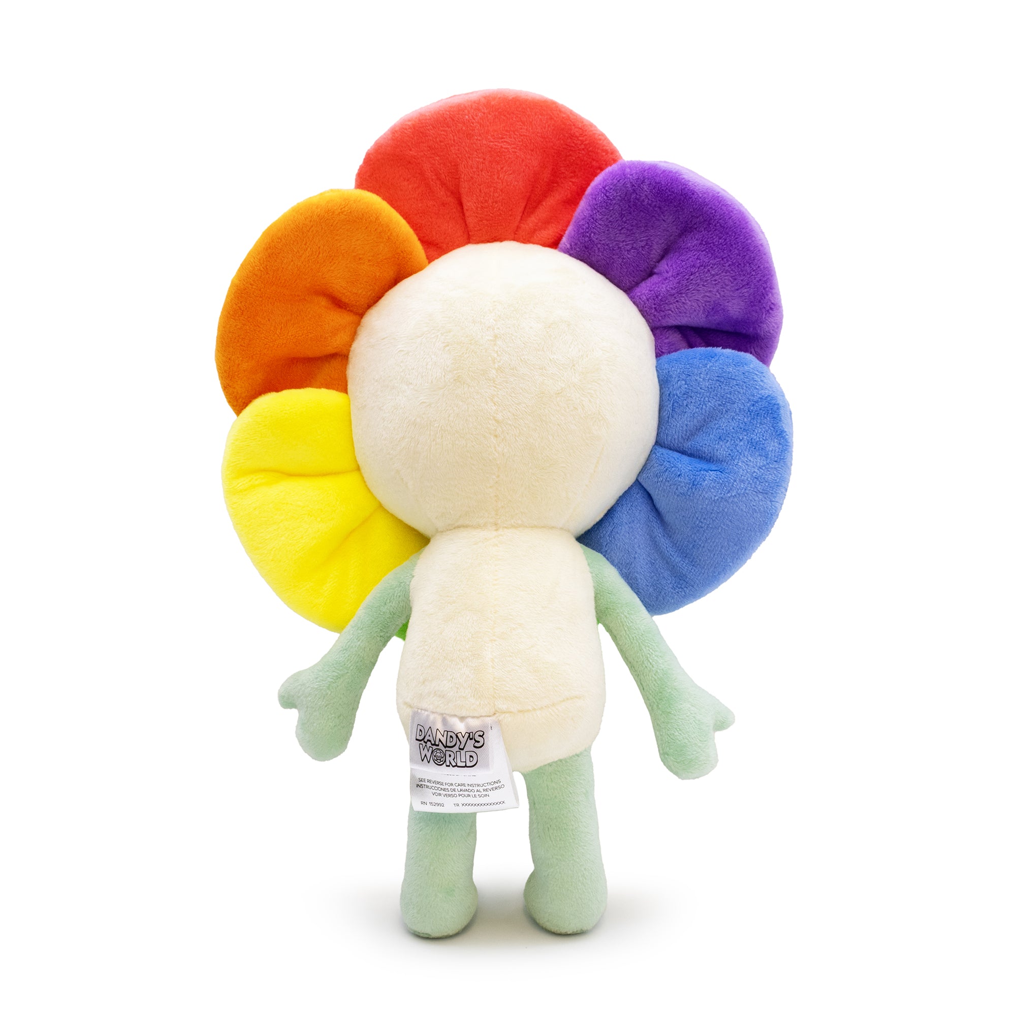 Plush toy with rainbow-colored head on a white background