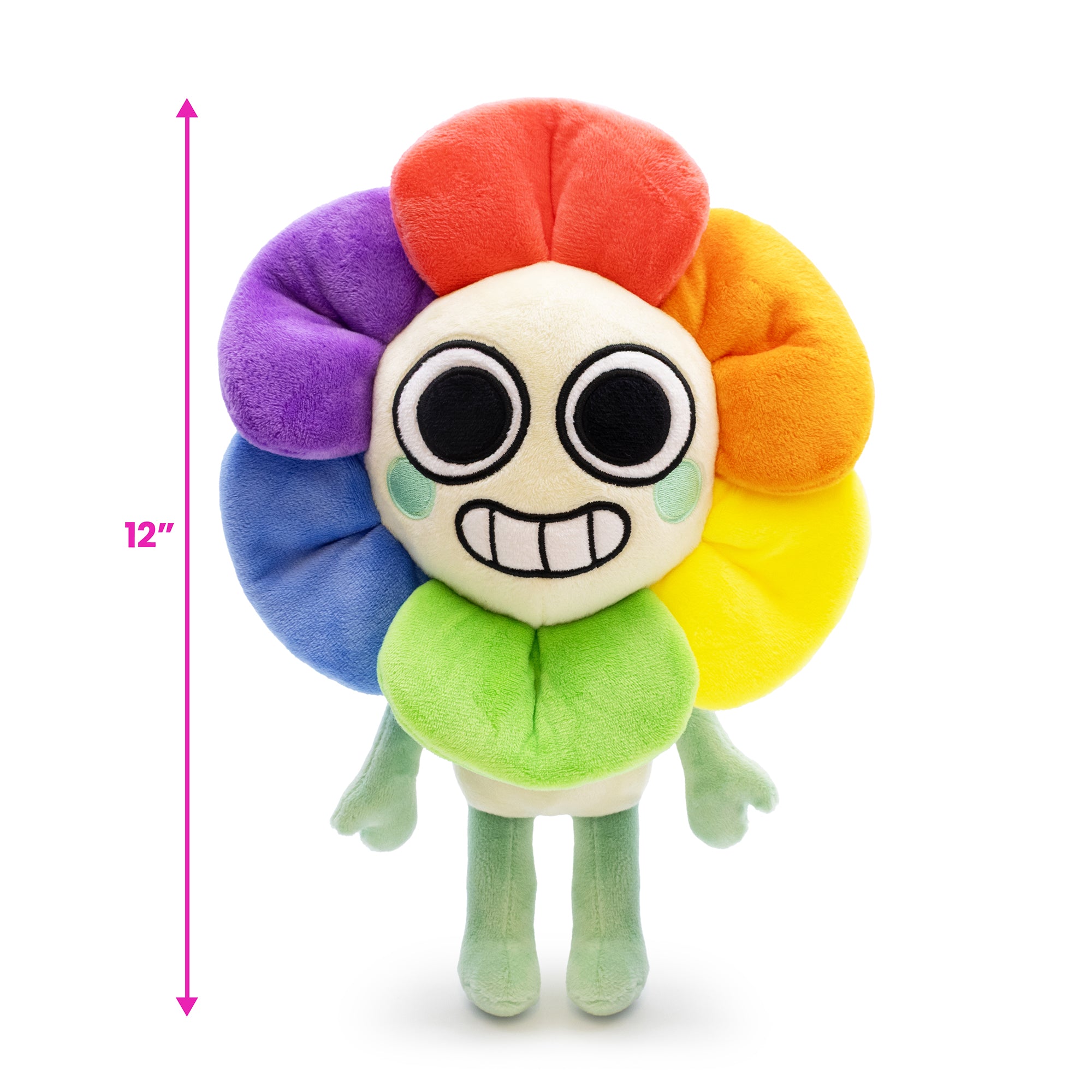 Colorful plush toy with a round face and flower-like design on a white background with 12" scale