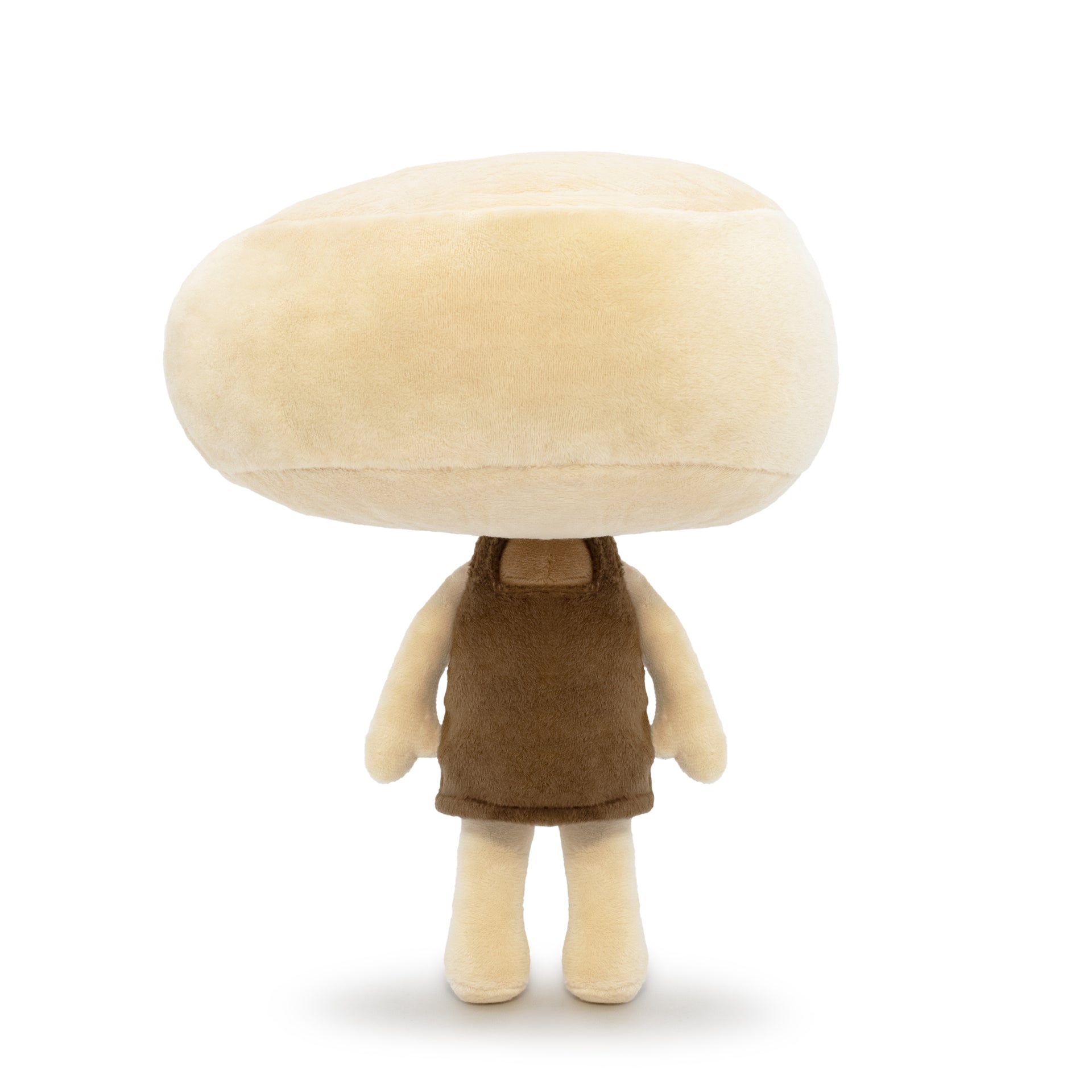 shelly plush back view. cartoon plushie with brown shirt on. head shaped like a shell.