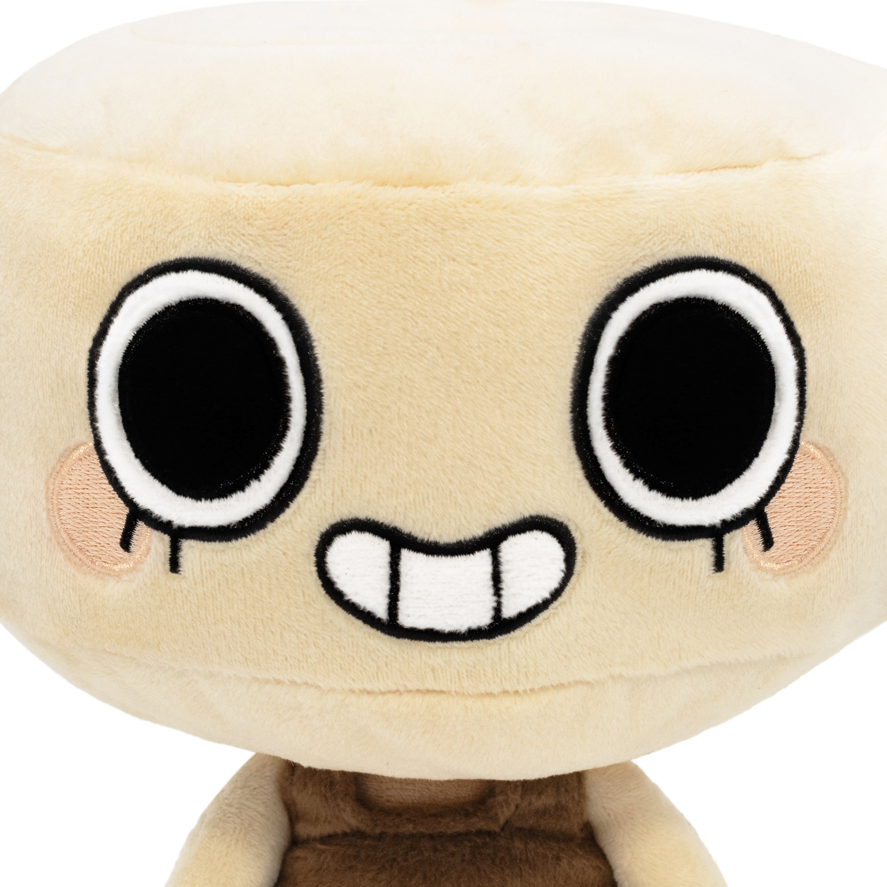 shelly plush close up view. cartoon plushie with brown shirt on. head shaped like a shell. smiling face.