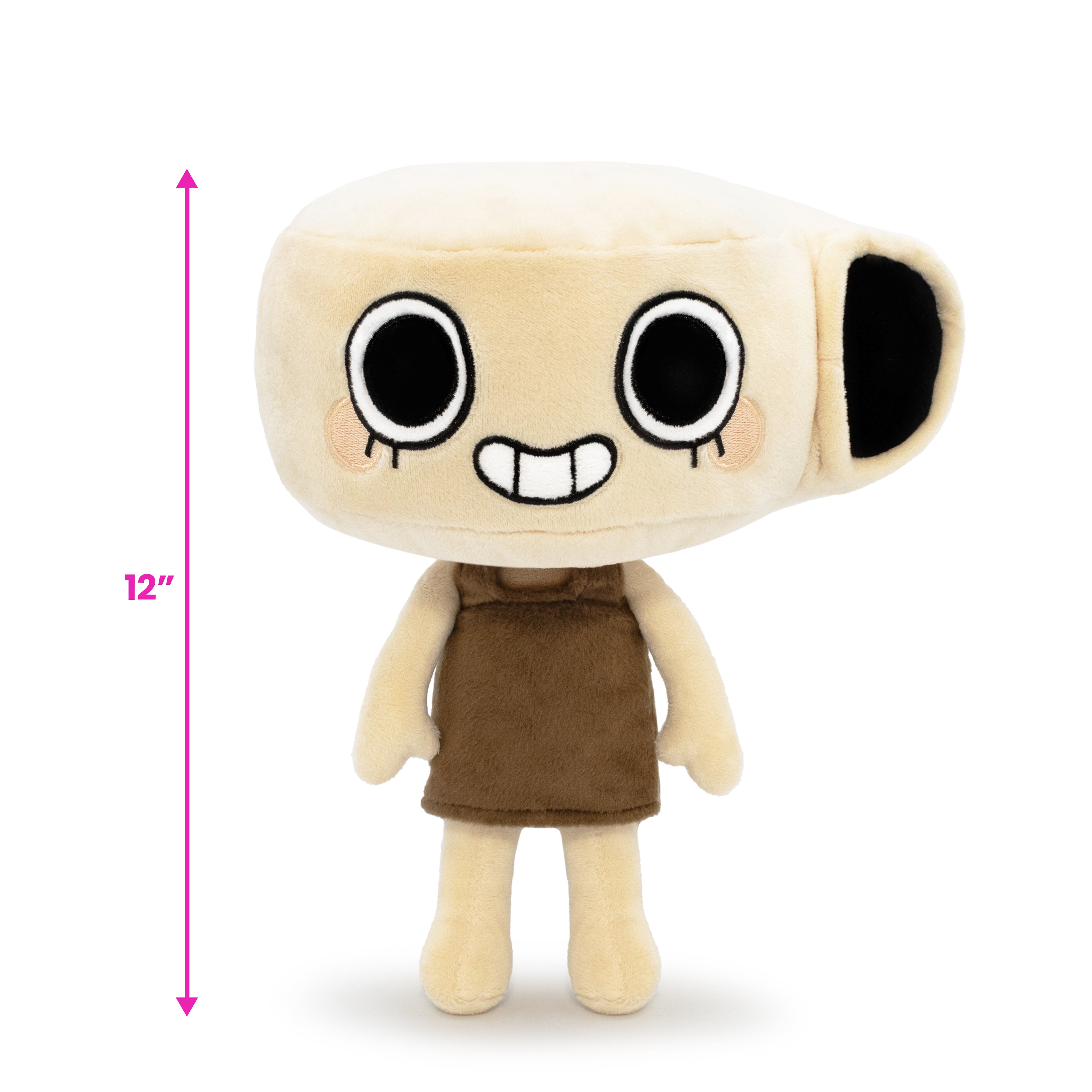 shelly plush front view. cartoon plushie with brown shirt on. head shaped like a shell. smiling face. with 12" height scale