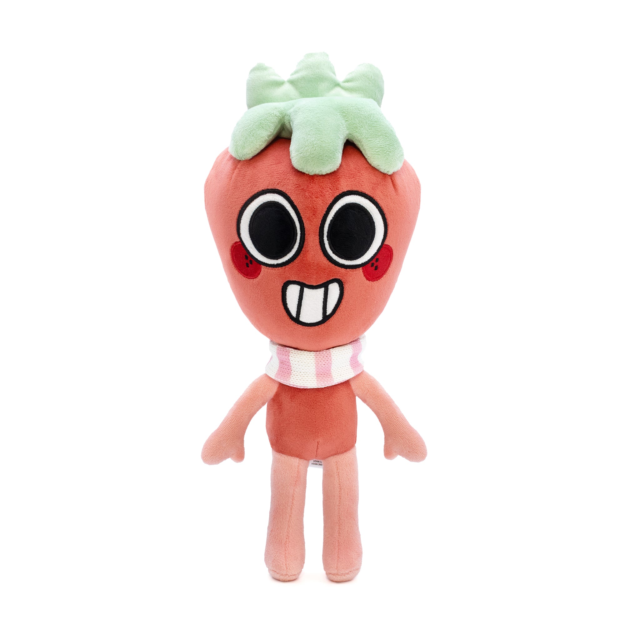 Plush toy resembling a strawberry with a happy expression on a white background