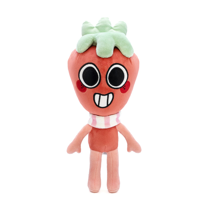 Plush toy resembling a strawberry with a happy expression on a white background