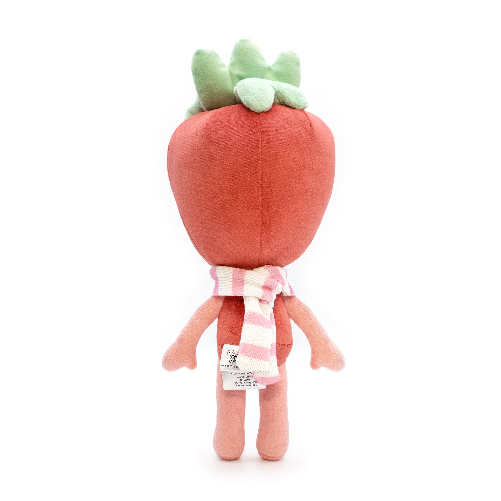 Plush strawberry toy with a green top and pink scarf on a white background