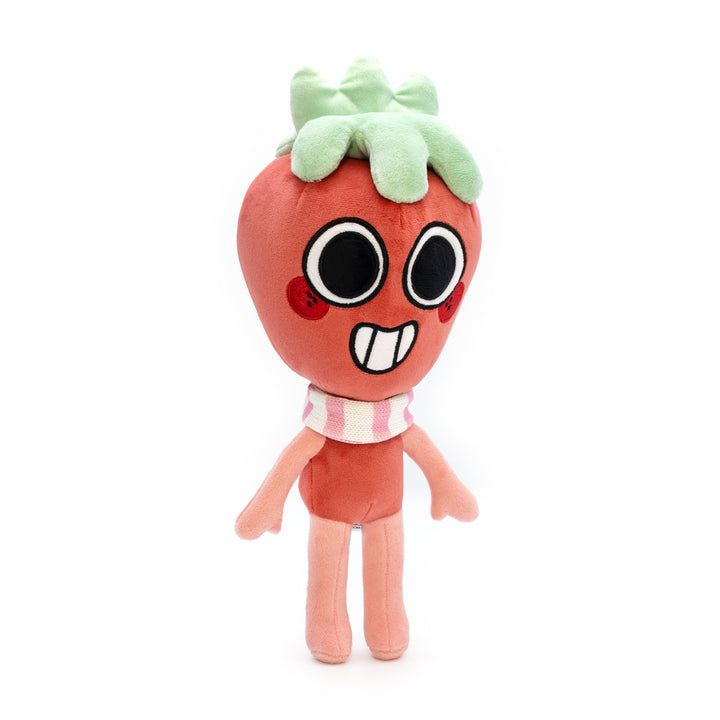Plush toy resembling a cartoon character with a strawberry-like head on a white background