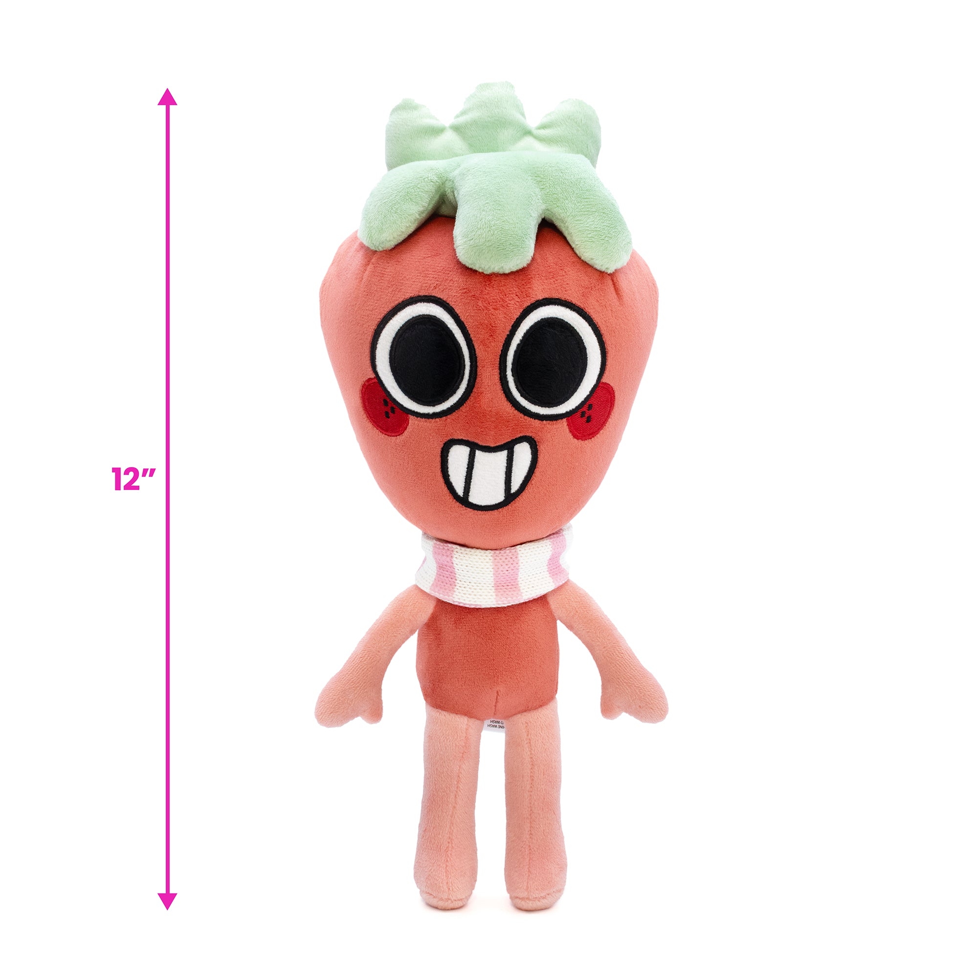 Plush toy resembling a strawberry with a face, showing size measurement on a white background