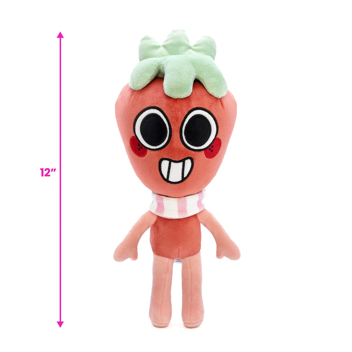 Plush toy resembling a strawberry with a face, showing size measurement on a white background