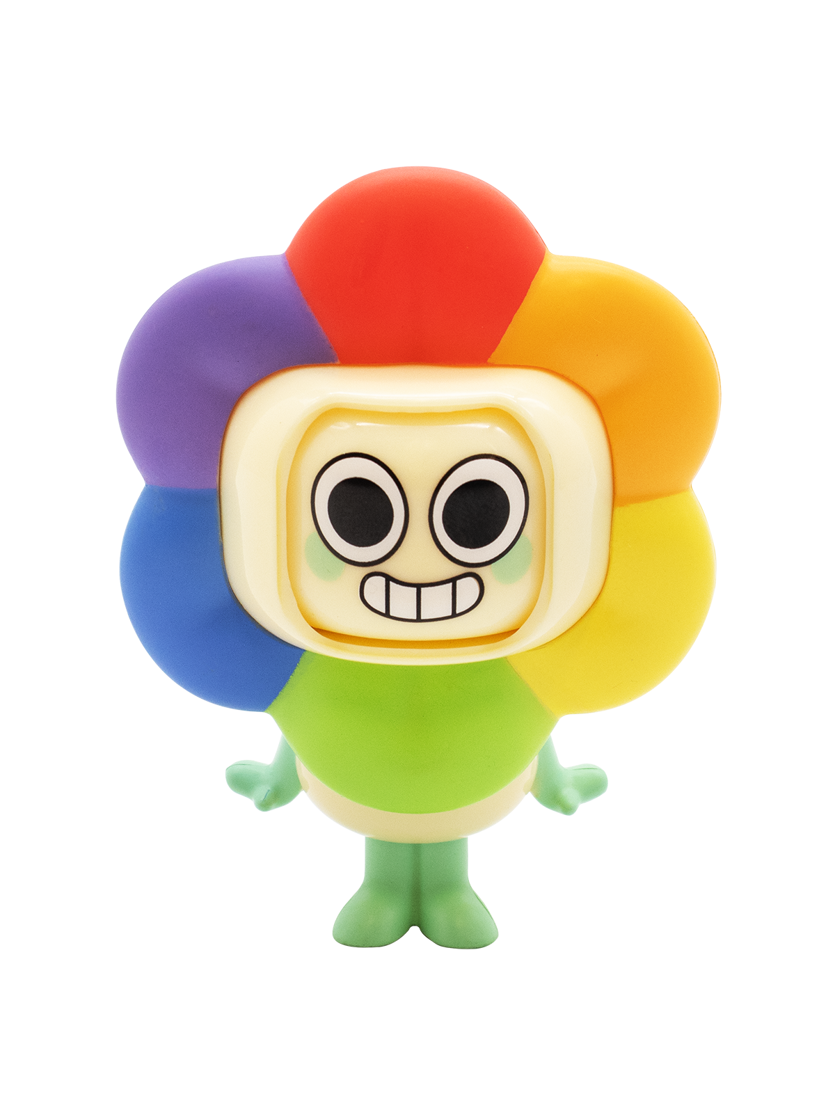 Colorful toy figure with a smiling face on a white background
