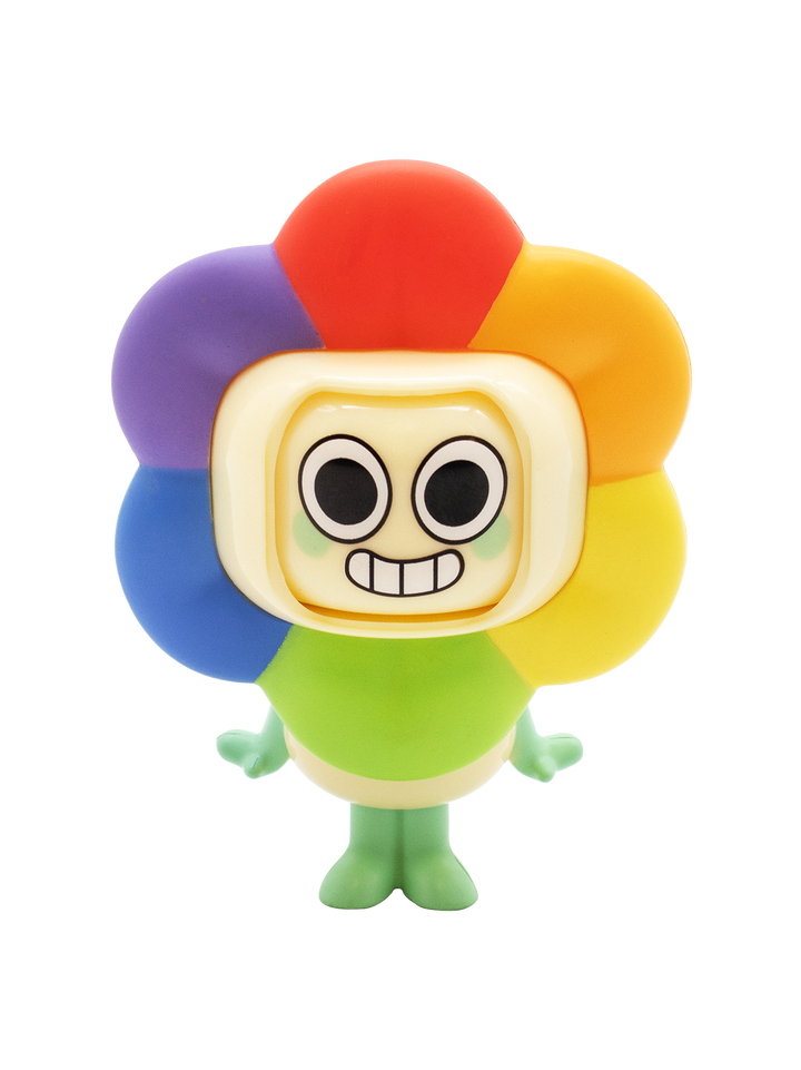 Colorful toy figure with a smiling face on a white background