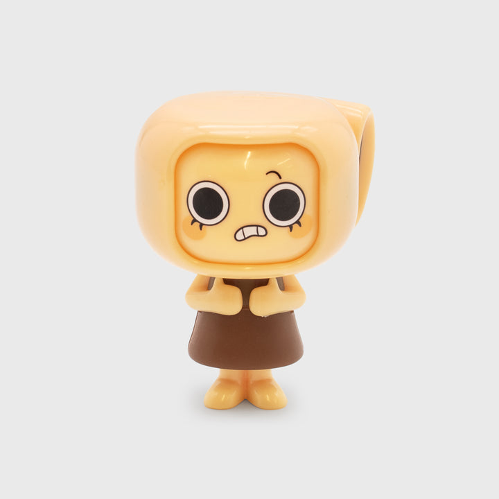 Toy figure with a square head and round eyes on a light gray background