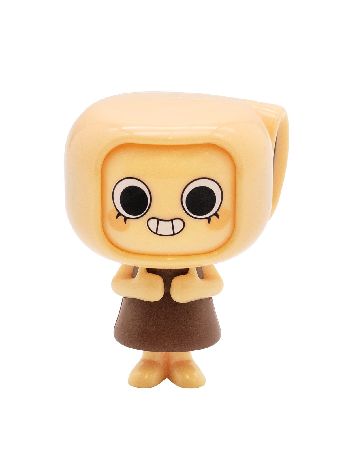 Small figurine with a stylized face on a white background