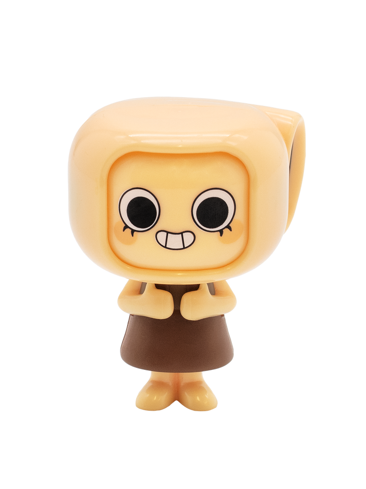 Small figurine with a stylized face on a white background