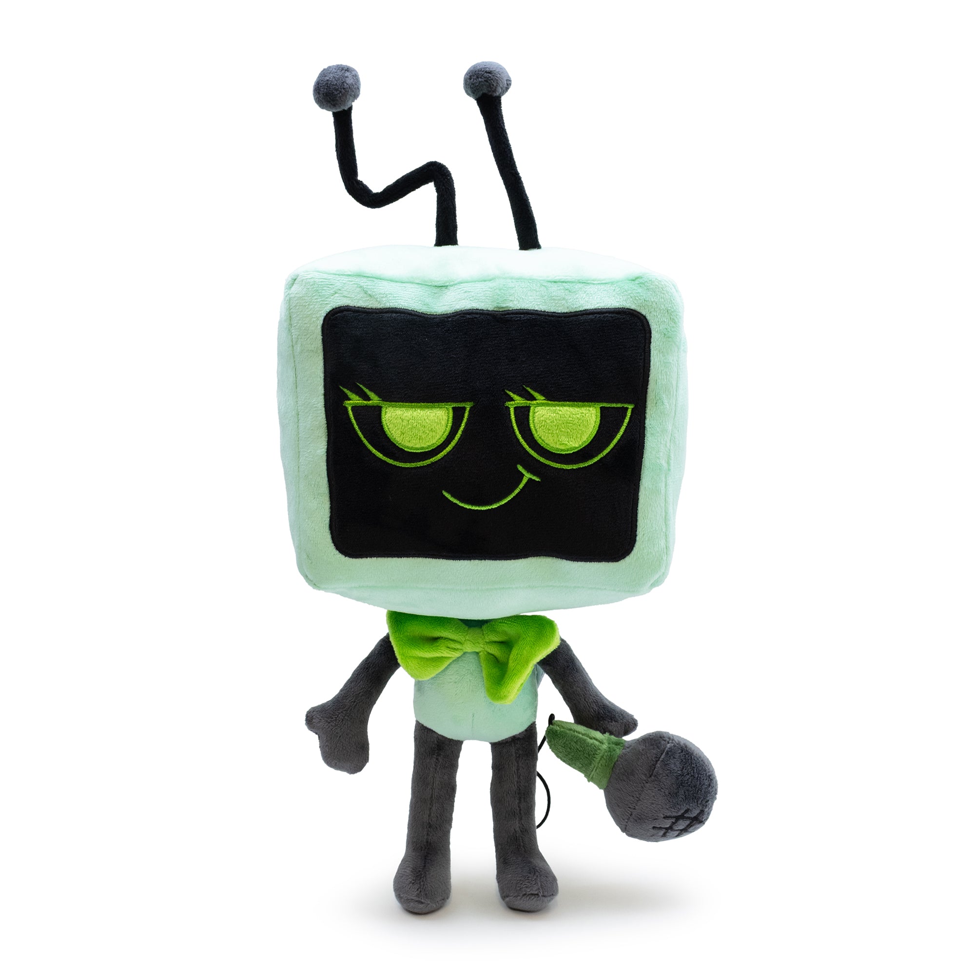 Plush toy with a TV-like face and antenna on a white background