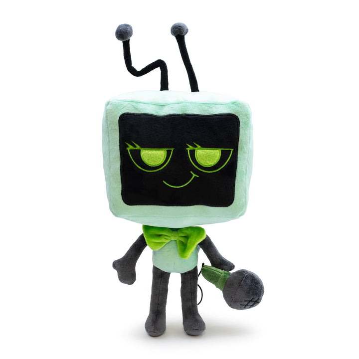 Plush toy with a TV-like face and antenna on a white background