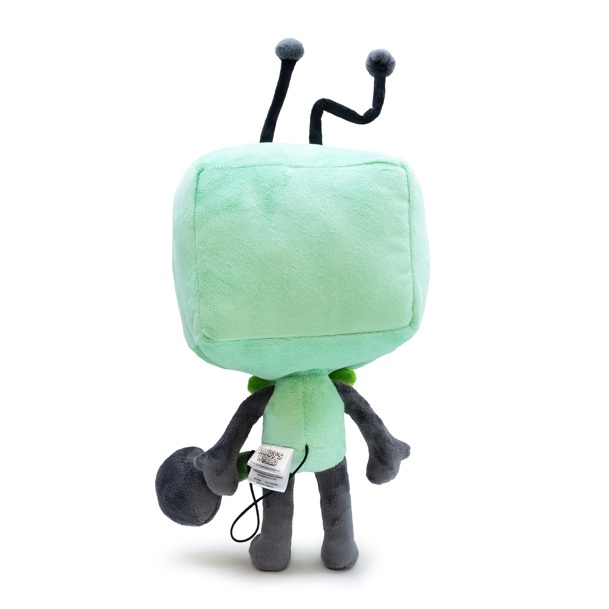 Plush toy with a green body and gray legs on a white background