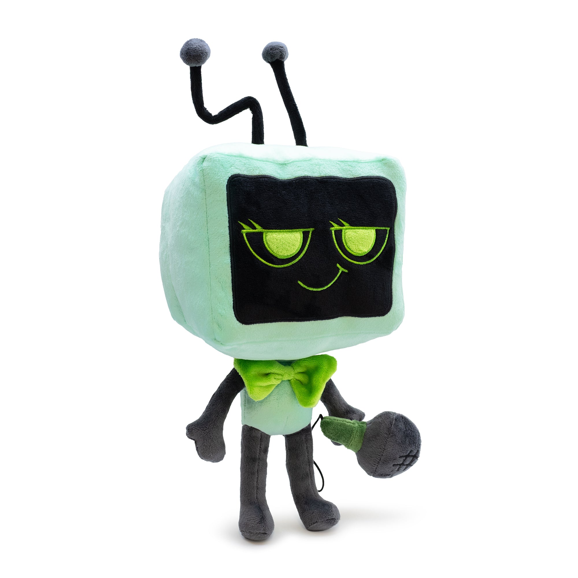 Plush toy resembling a character with a green screen face and bow tie on a white background