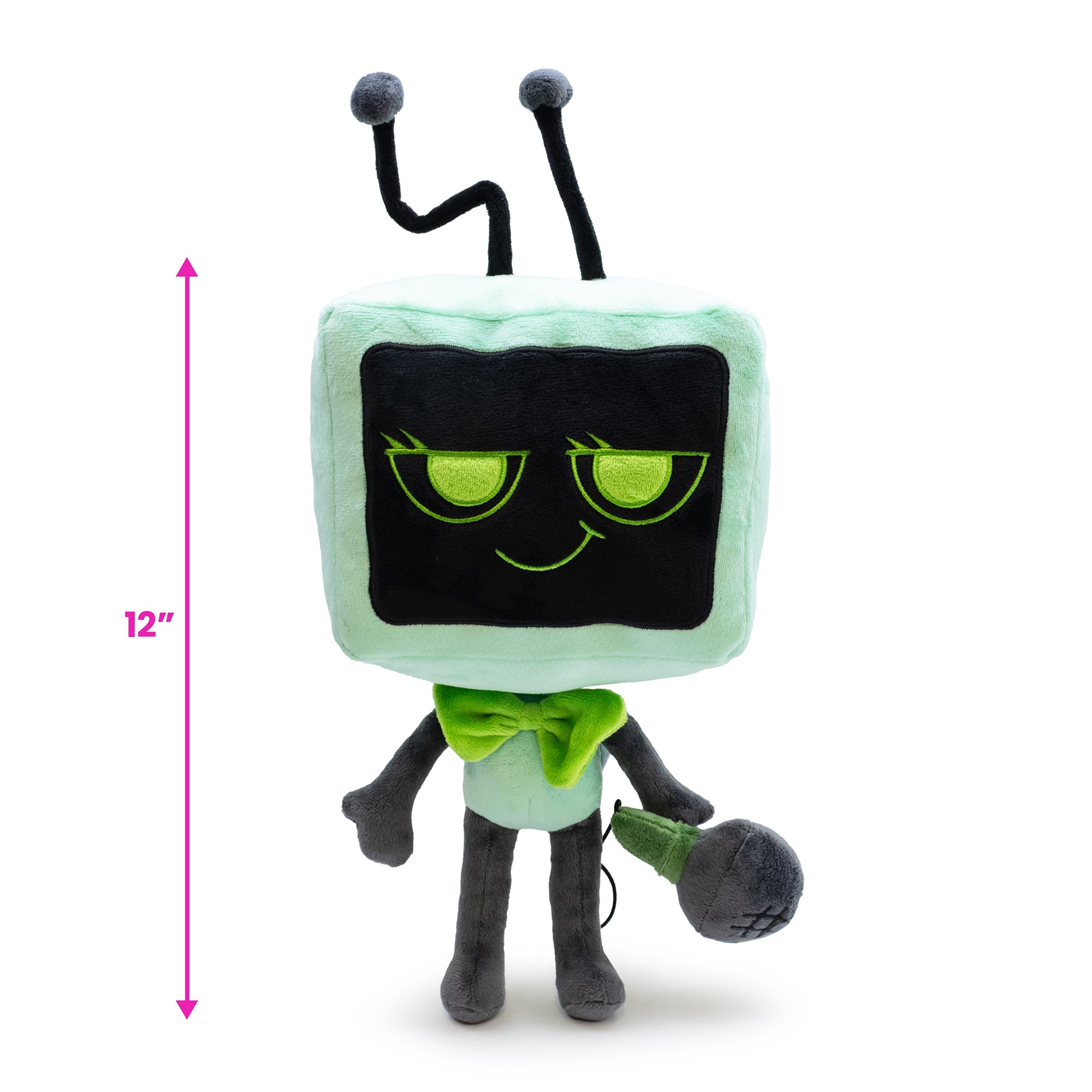 Plush toy with a screen-like head, green bow tie, and measurement label on a white background
