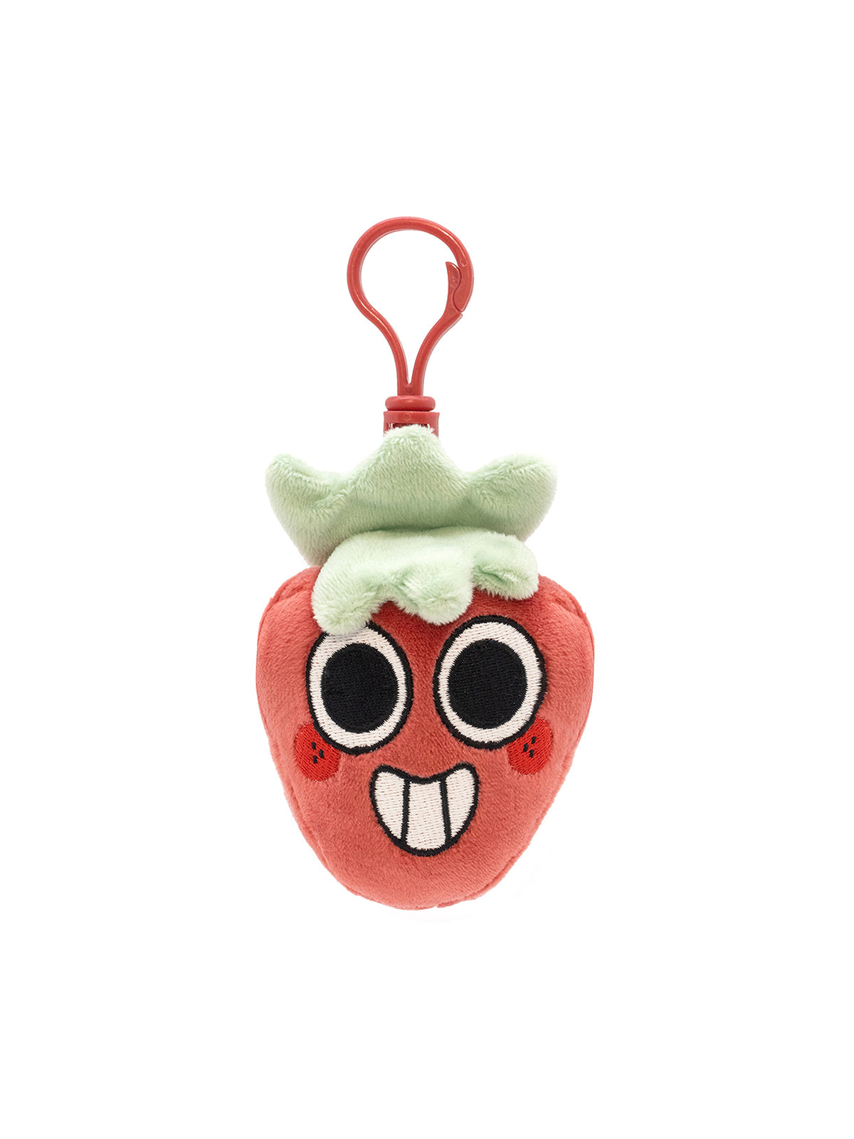 Plush strawberry keychain with a face on a white background