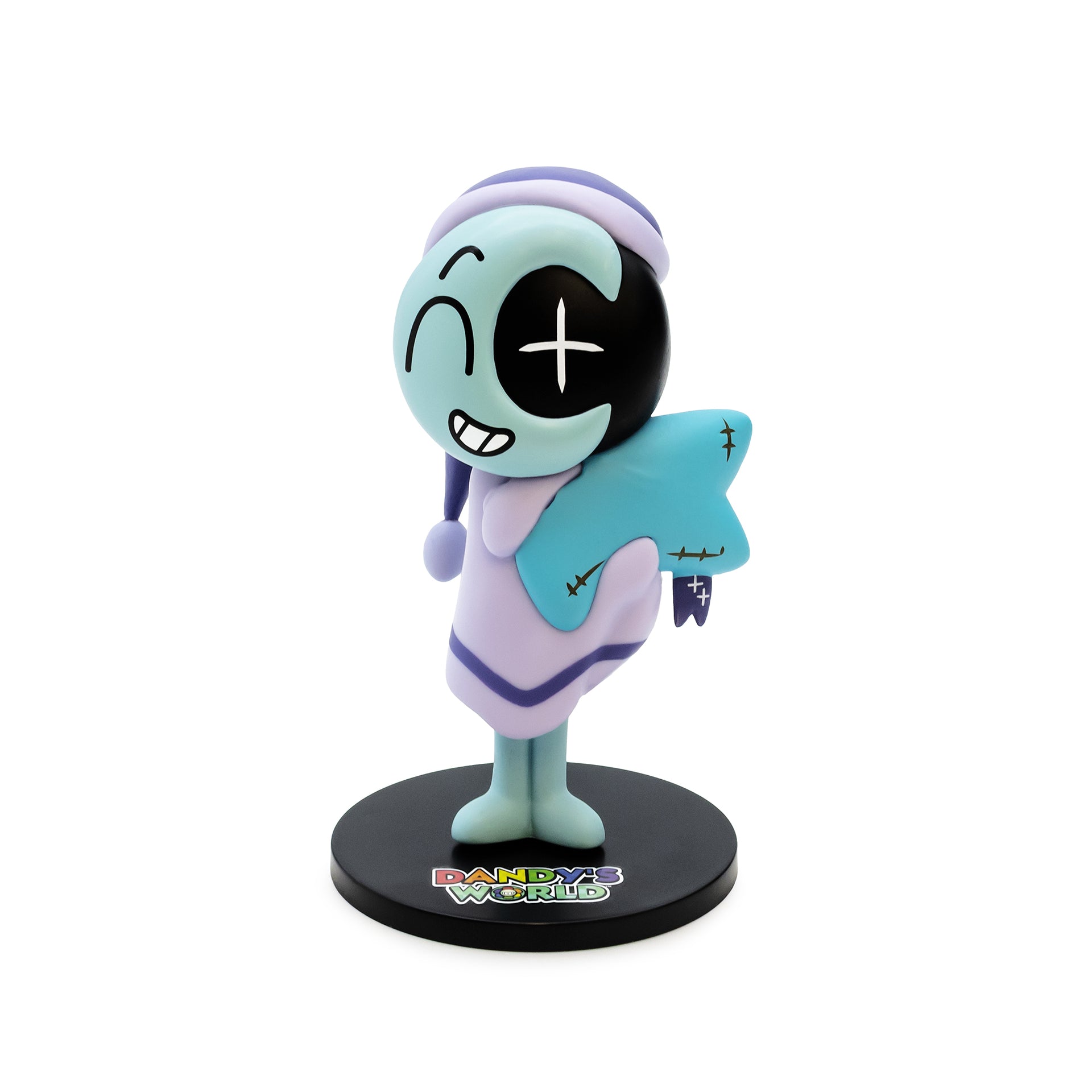 Animated character figurine on a stand with a white background