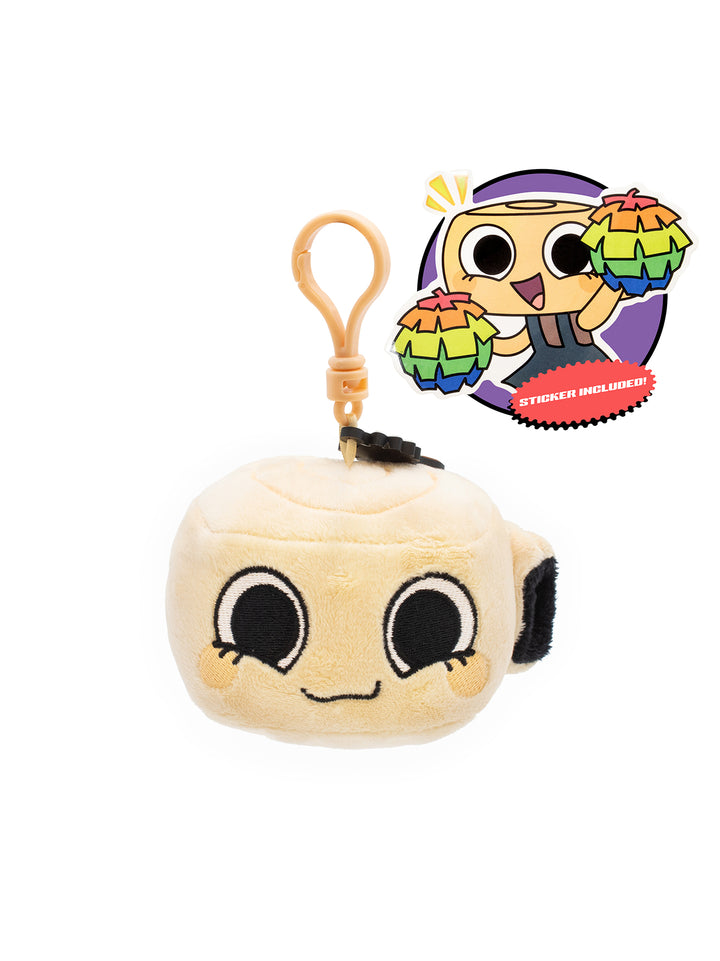 Plush keychain with a character holding rainbow pom-poms on a white background